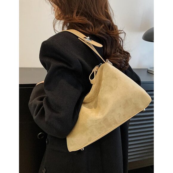 Beige Suede Crossbody Shoulder Bag for Women with Zipper & Top Handle - Stylish, - Picture 2 of 6
